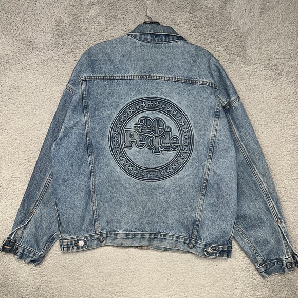 VTG 90s People Magazine 20th Anniversary Denim Jacket Sz L Emboss Distress 1994